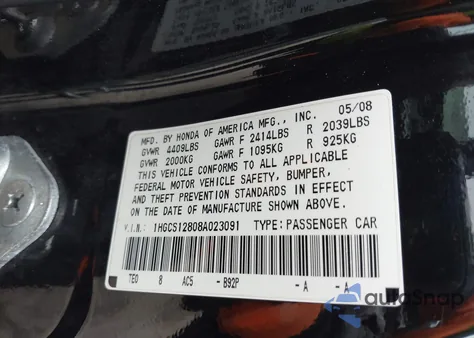 2008 Honda Accord 2.4 Ex-L from USA, damaged, VIN 1HGCS12808A023091